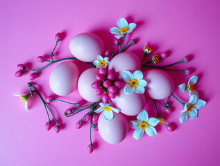 Easter eggs and flowers are arranged on a textured pink background.