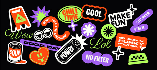 Futuristic y2k patches. Funky stickers with cool phrases, soda can, acid emoji and heart in vintage retro style. Hipster labels in 90s style. Flat vector illustration collection isolated on background