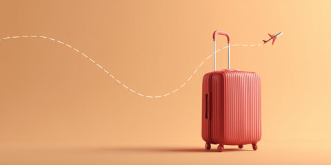 Red suitcase on peach background, small plane overhead, dashed line suggesting flight path, ample free space for text or logo, symbolizing travel and journey
