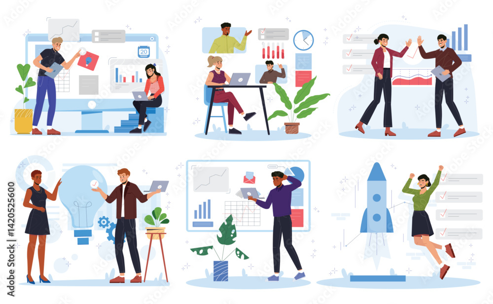 Poster project implementation. set of office workers coming up with new idea for business, analyze data, di