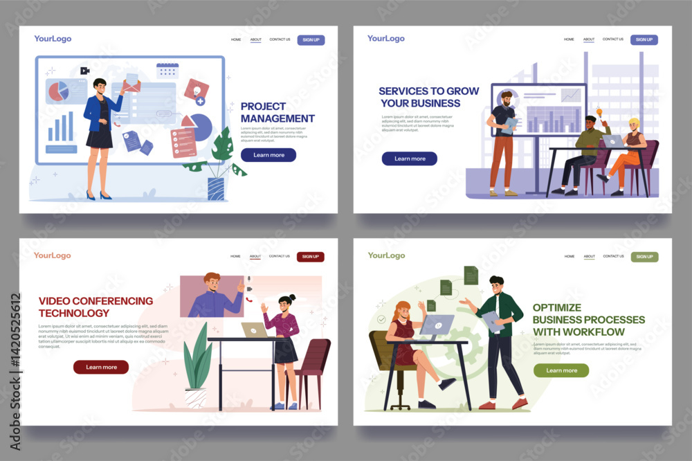 Poster set of business services website. landing pages with office workers optimizing business processes, m