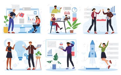 Project implementation. Set of office workers coming up with new idea for business, analyze data, discuss project with partners and launch startup. Flat vector illustration isolated on background