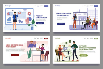 Set of business services website. Landing pages with office workers optimizing business processes, managing projects and conducting video conferences. Flat vector illustration isolated on background