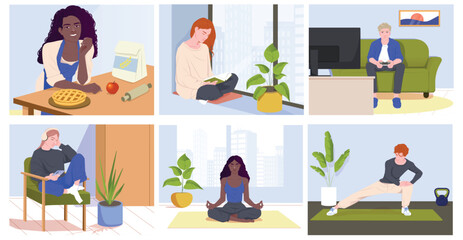 Set of people doing home activities. Happy men and women playing video games, reading books, listening to music, cook food and doing sports. Flat vector illustration collection isolated on background