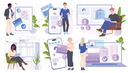 Remote financial management. Set of people receiving salary, filling out tax form or invoice and transferring money in online bank. Cartoon Flat vector illustration collection isolated on background