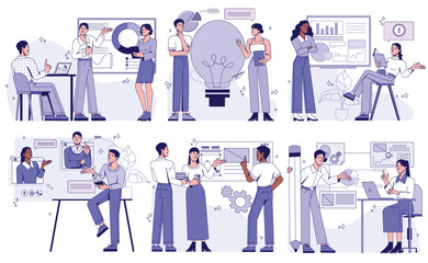 Teamwork concept. Male and female entrepreneurs or office employees communicate, develop ideas for startup and work on project together. Flat outline vector illustration isolated on background