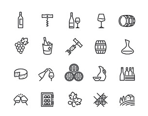 Fototapeta premium Wine line icons set. Simple symbols with bottle of alcohol, grapes, barrel of wine, corkscrew, cheese and champagne. Editable stroke. Outline vector illustration collection isolated on background