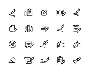 Writing line icon set. Simple symbols with pencil, pen, author manuscript, text, writer history and feather. Editable stroke. Outline vector illustration collection isolated on background