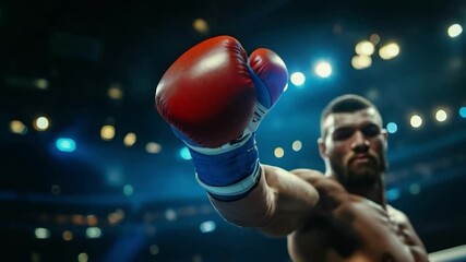 A boxer is in the ring with his fist raised, ready to throw a punch. Concept of determination and focus, as the boxer prepares to engage in a competitive match