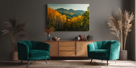 Autumnal landscape canvas art displayed above a wooden sideboard, flanked by teal velvet armchairs in a modern interior, showcasing a serene and sophisticated living space