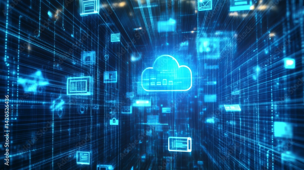 Poster abstract digital cloud computing network technology data stream background futuristic blue glow line