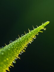 Fototapeta premium Dewdrops on a spiky green leaf, close-up shot.