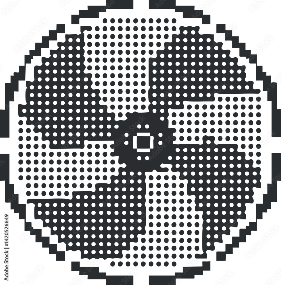 Poster a circular graphic design of a fan with a minimalistic black and white pattern.