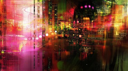 Naklejka premium Vibrant digital cityscape of glowing technology.