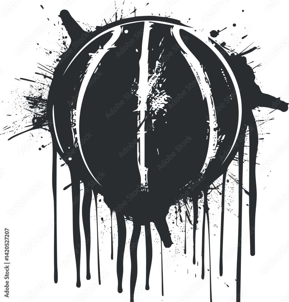 Poster an abstract black and white design featuring a circular shape with splatter and drip effects.