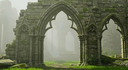 old building roman old stone bridge arch old gate ethereal allure and enchanting allure of mist in Wales encapsulates ancient landmarks, verdant landscapes, and eternal essence 