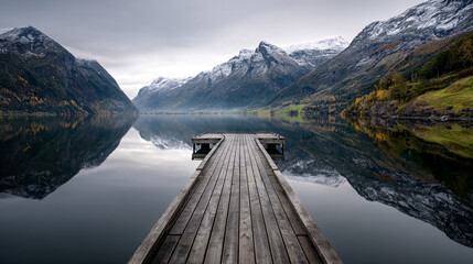 Wooden dock extending into calm lake reflecting snow-capped mountains, showcasing serene autumnal landscape, symbolizing tranquility and peaceful nature
