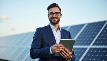 Professional businessman smiling confidently in a business suit holding a folder standing near solar panels outdoors.

