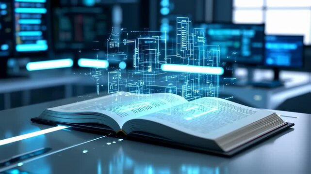 Future technology open book animation, AI deep learning computer machine 