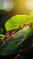 Ants traversing a vibrant green leaf in macro detail, bathed in golden sunlight, showing nature's tiny explorers