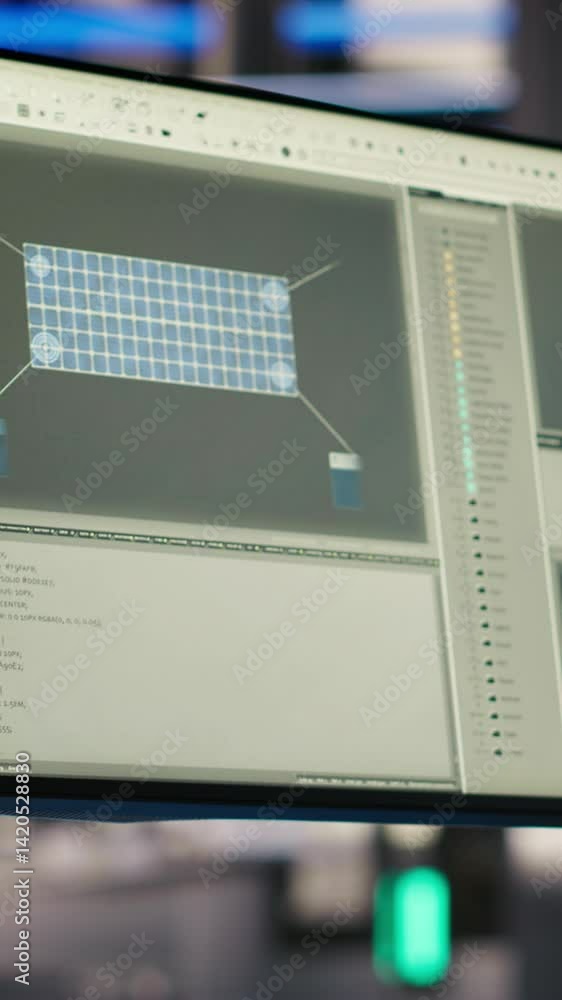 Poster vertical video monitor in smart photovoltaics factory analyzing performance data to optimize operati