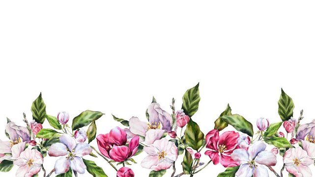 Elegant watercolor frame lamination with apple blossom branches, pink flowers green leaves on a black background. Perfect for greeting cards, wedding invitations, and floral-themed design templates.