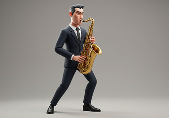Naklejka premium 3D Character wearing formal outfit playing sexophone, international jazz day