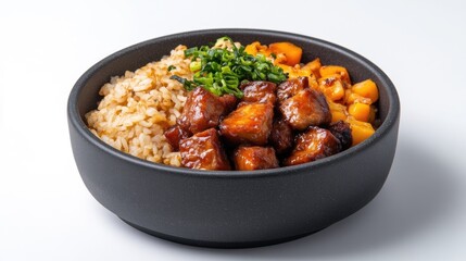 Flavorful protein bowl with brown rice, meat, and vegetables