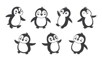 Adorable Cartoon Penguins – Minimalist Line Art in Playful Poses