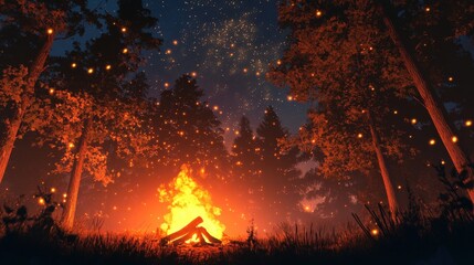 A vibrant campfire scene in a magical forest at night.