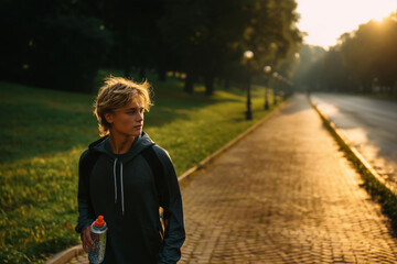 Obraz premium Morning jogger enjoying the tranquility of a green city park at dawn