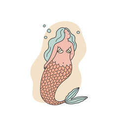 Mermaid with flowing hair gracefully swims underwater, Flat vector illustration isolated on white background.