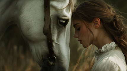 The horse turns its head slightly in reaction to the woman's whisper, showing subtle emotion through posture. A thrilling close-up.