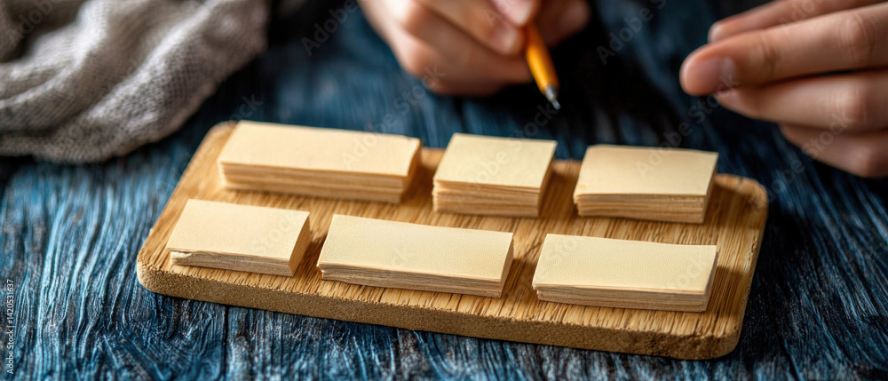 Poster creative process with sticky notes for brainstorming ideas and organizing thoughts on a wooden surfa