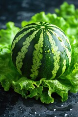 Delicious Organic Watermelon on a Bed of Lettuce, Juicy Spring Summer Fruit, Healthy Food and Snacks, Nutritional Marketing Background, Culinary Wallpaper