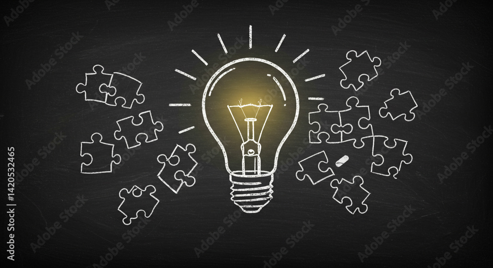 Aufkleber bright idea glowing lightbulb puzzle pieces illuminate problem solving on chalkboard background