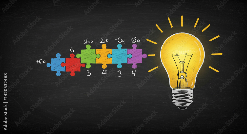 Poster bright idea puzzle pieces forming a glowing lightbulb on chalkboard creative problem solving steps