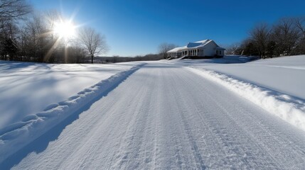 Obraz premium Snowy rural road leading to a house