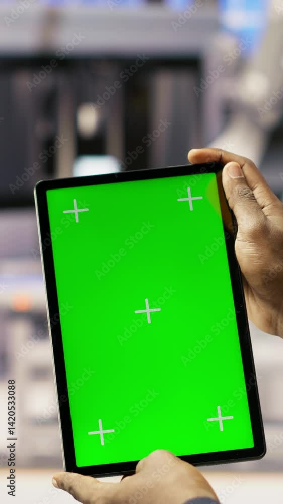 Aufkleber vertical video engineer in smart factory oversees robotic assembly lines using green screen tablet, 