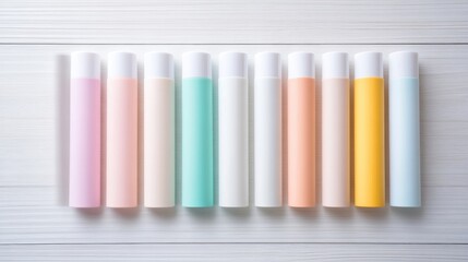 Naklejka premium Pastel Lotion Bottles White Background Minimalist Style Bright Clean Lighting Flatlay Product Shot Various Shades Displayed Branding Mockup Soft Feminine Tones Ideal for Skincare Ads