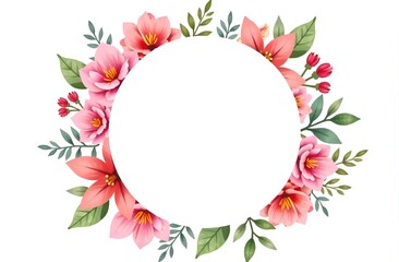 A beautiful watercolor wreath of delicate flowers and twigs with leaves frames a white round label with free space for text