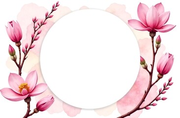 A beautiful watercolor wreath of light pink flowers and magnolia buds frames a white round label with free space for text. The background is watercolor blurred