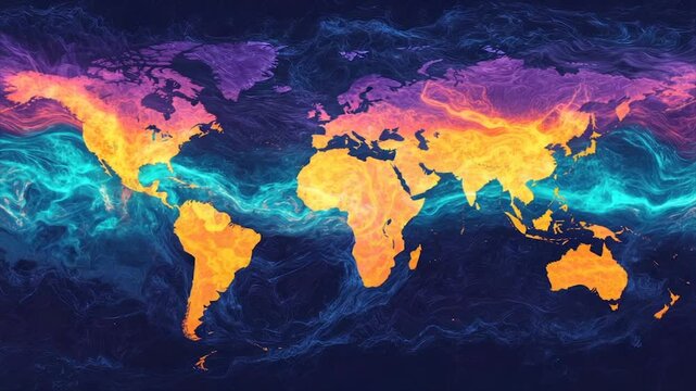 Vivid world map depicting heat patterns & ocean currents