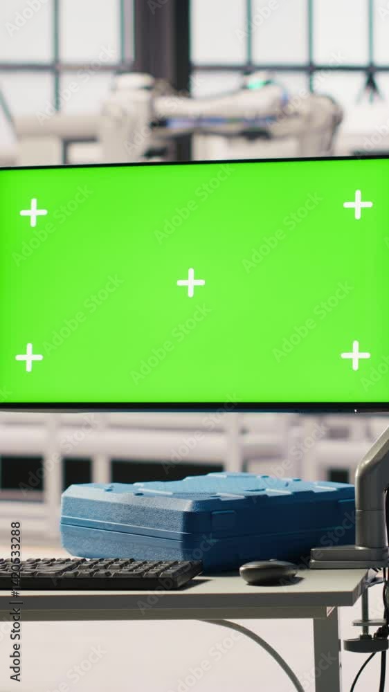 Poster vertical video close up of isolated screen in photovoltaics factory used to analyze performance data