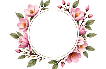 A watercolor wreath of delicate magnolia flowers and twigs with leaves frames a white round label with free space for text