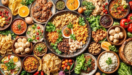 Fototapeta premium Discover culinary diversity in this vibrant flat lay image showcasing a colorful assortment of global dishes and ingredients