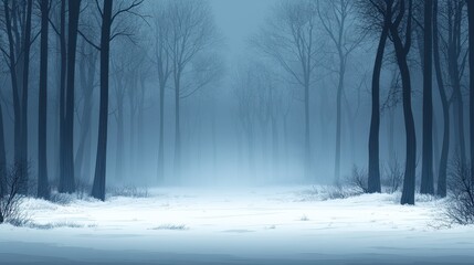 Snowy forest path, winter fog, background trees, nature scene, fantasy backdrop