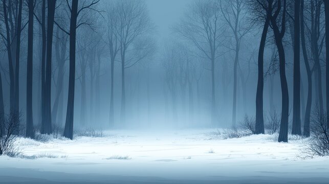 Snowy forest path, winter fog, background trees, nature scene, fantasy backdrop