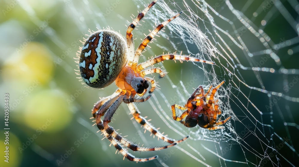 Wall mural A large orb-weaver spider with intricate patterns and a captured prey on its web.
