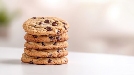 A stack of delicious chocolate chip cookies on a white surface, close-up composition with soft blurred background, and sweet indulgence concept.